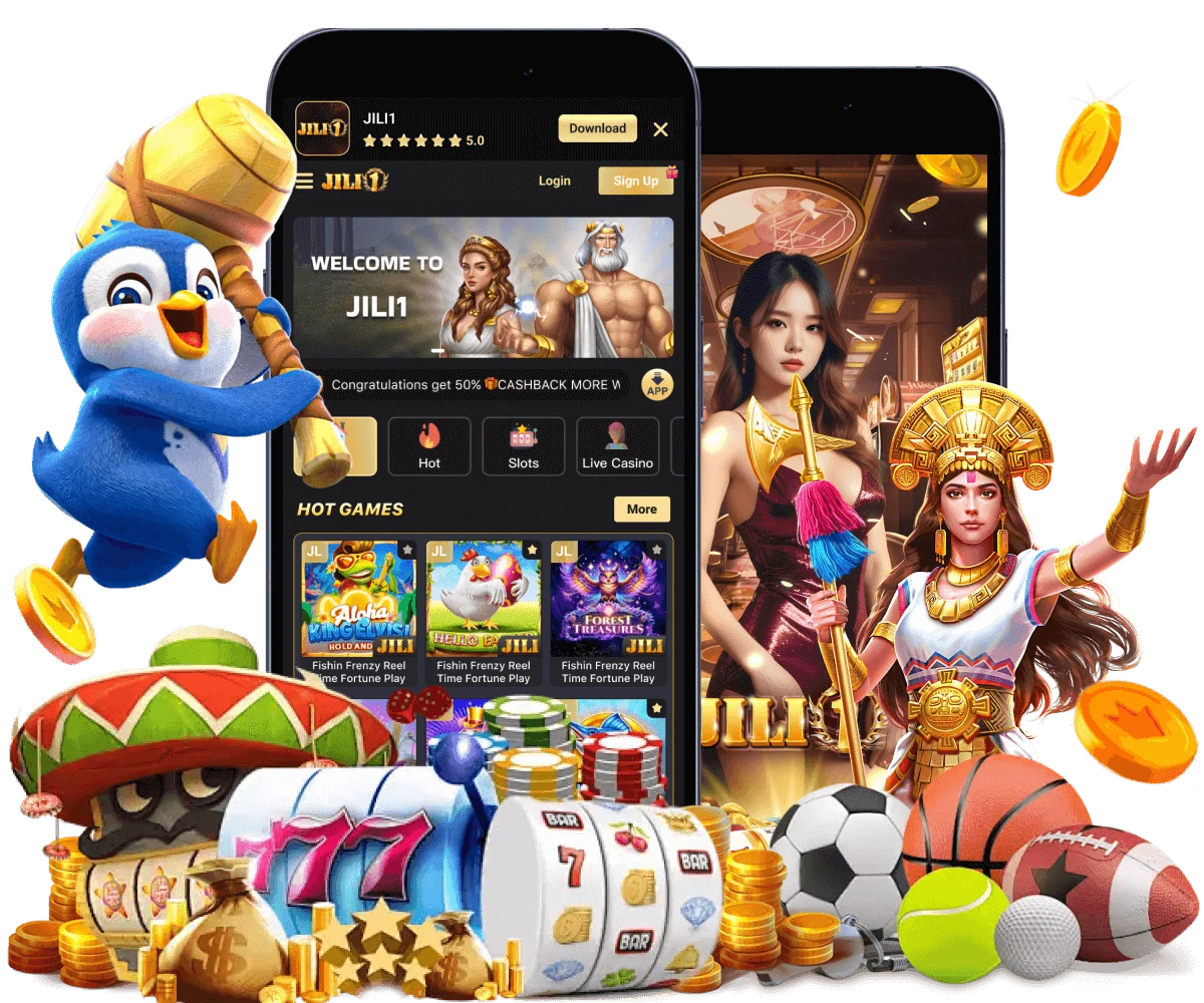 JILI1 APP on smartphones showing casino slots and sports
